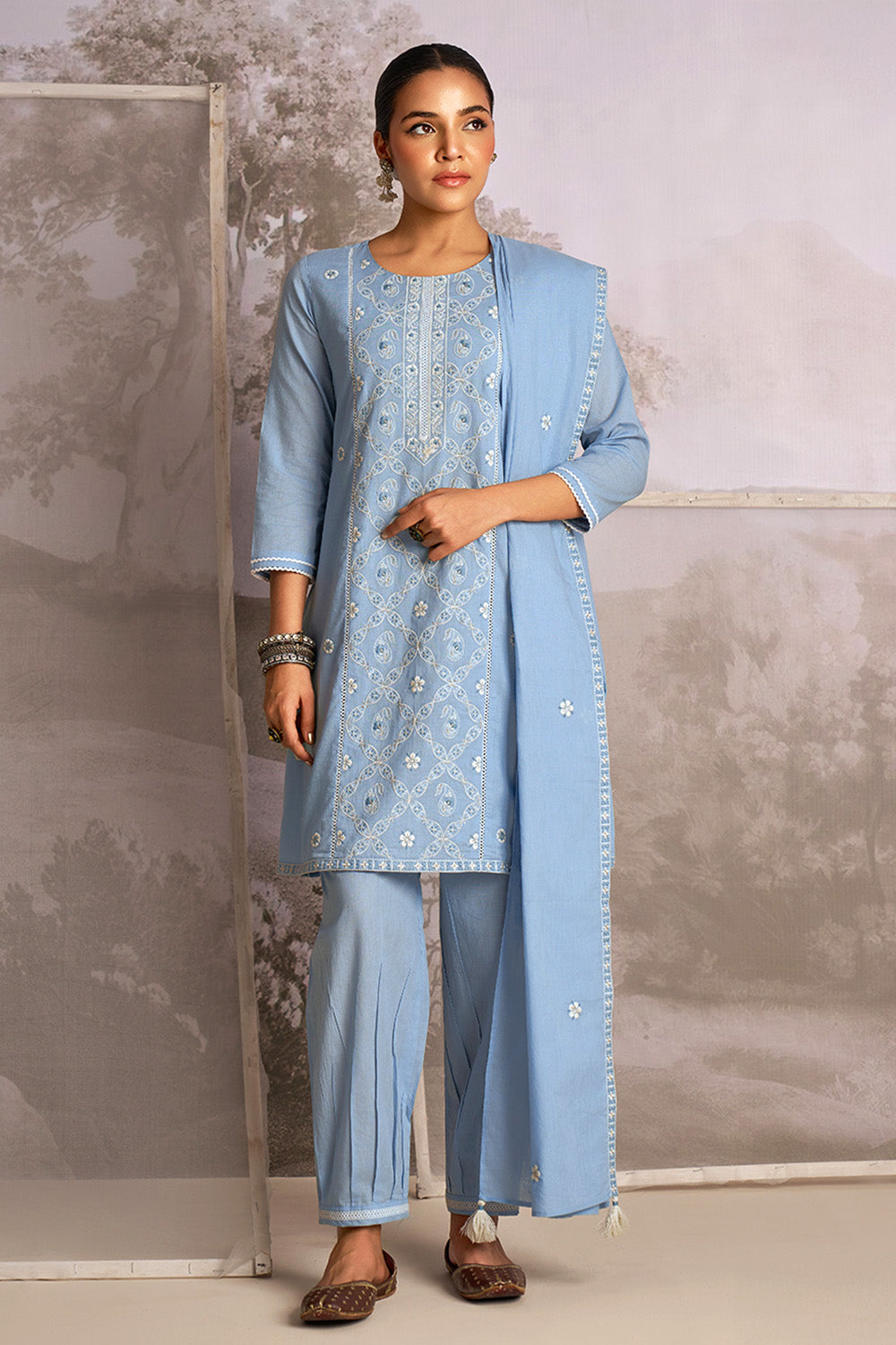 Powder Blue Color Cotton Resham Embroidered Suit