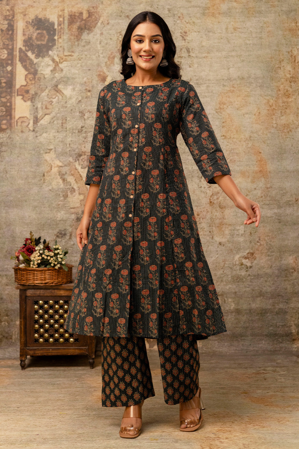 Green Cotton Floral Printed Kurta Set