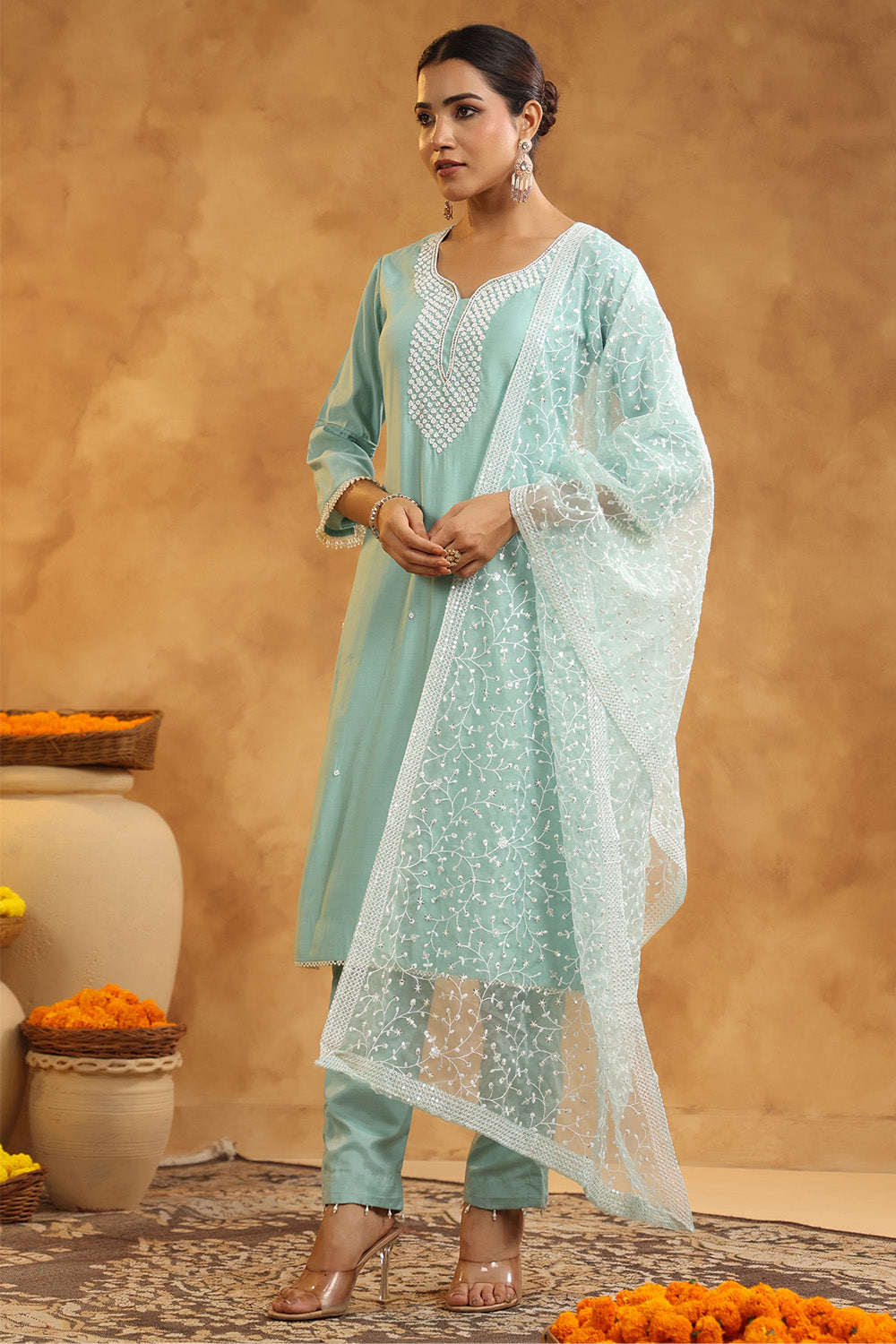 Powder Blue Color Cotton Neck Embroidered Unstitched Suit Fabric