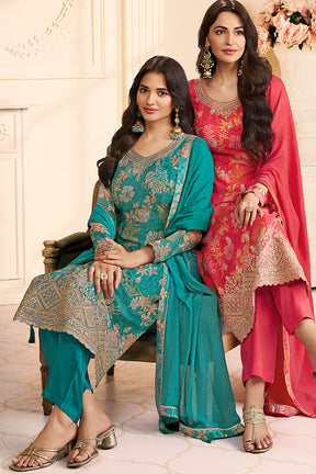 Teal Chinone Silk Floral Printed And Embroidered Unstitched Suit Fabric