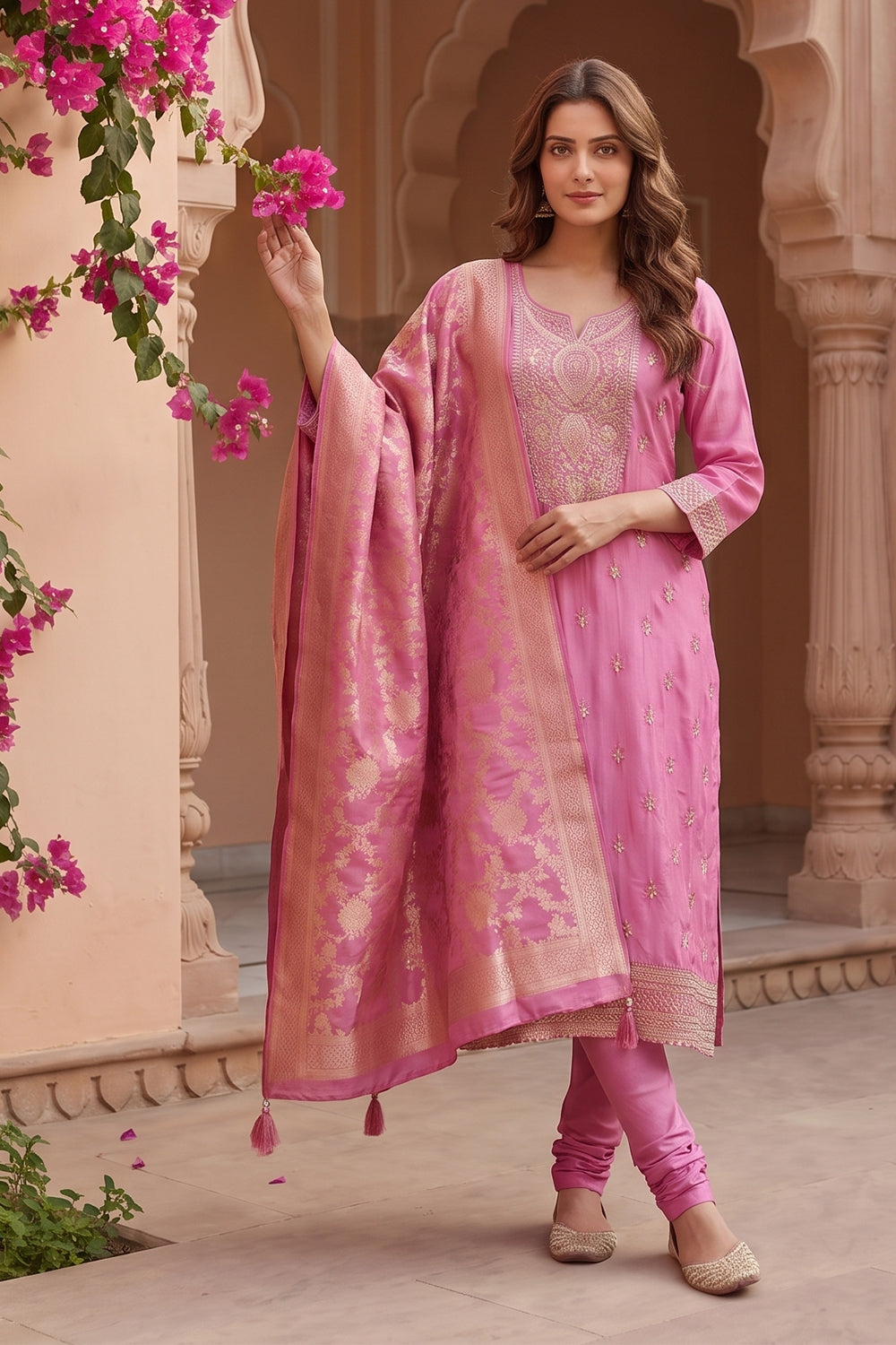 Dusty Pink Zari And Sequins Embroidered Silk Suit