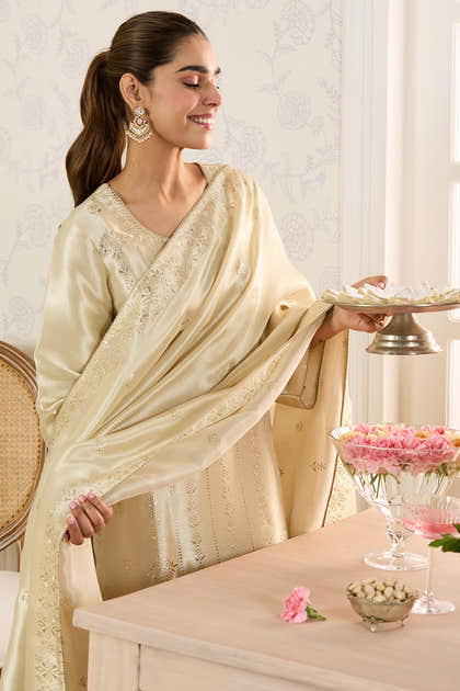 Cream Shisha Silk Work Unstitched Suit Material