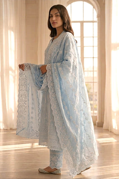 Light Blue Mul Cotton Chikankari Work Suit Set
