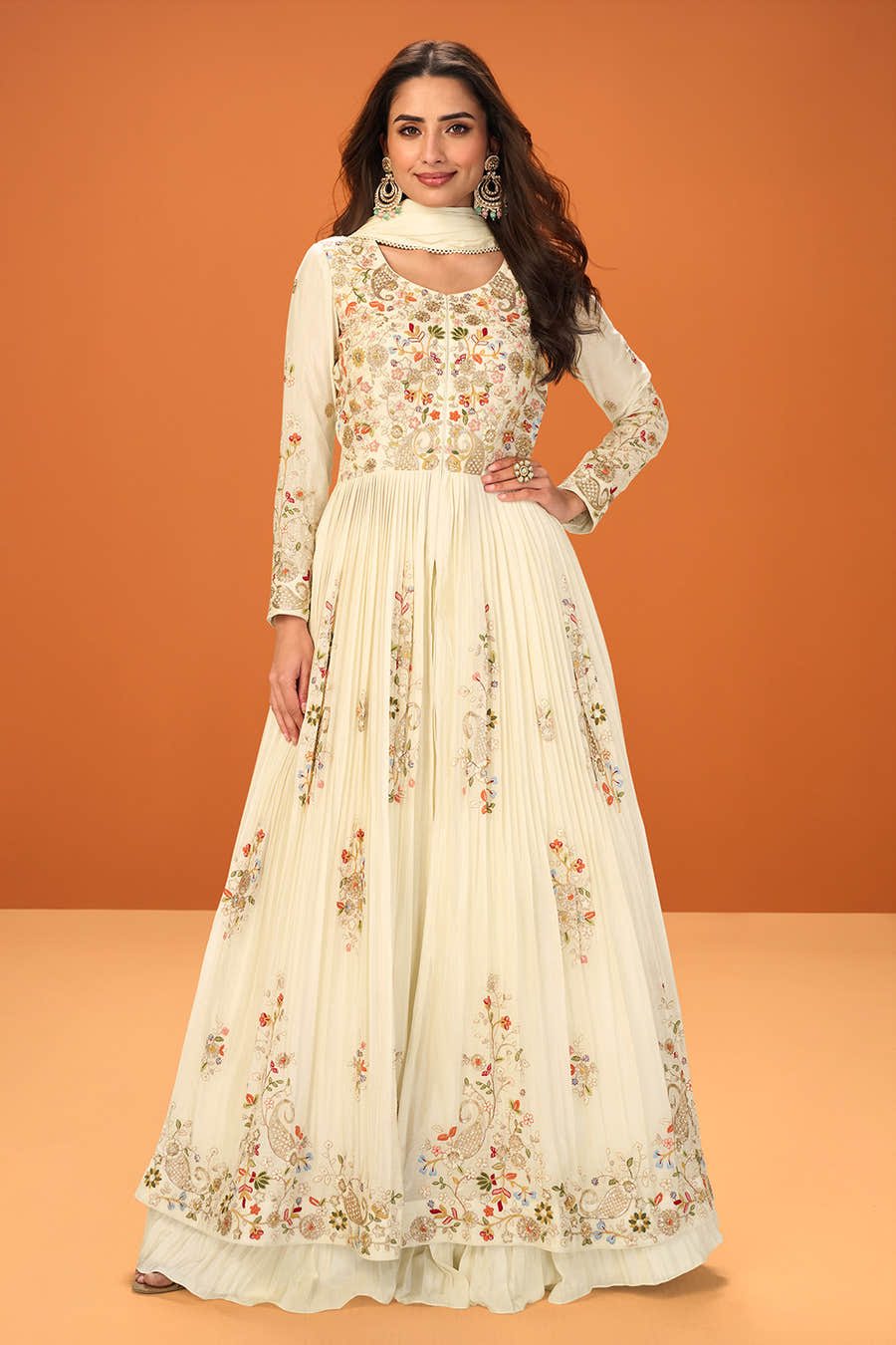 Cream Crepe Silk Embroidered Anarkali Suit With Skirt