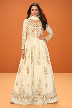 Cream Crepe Silk Embroidered Anarkali Suit With Skirt