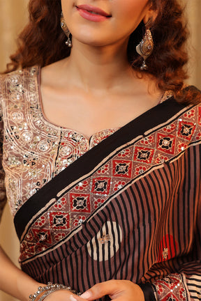 Light Brown Pure Mulberry Silk Printed And Embroidered Saree