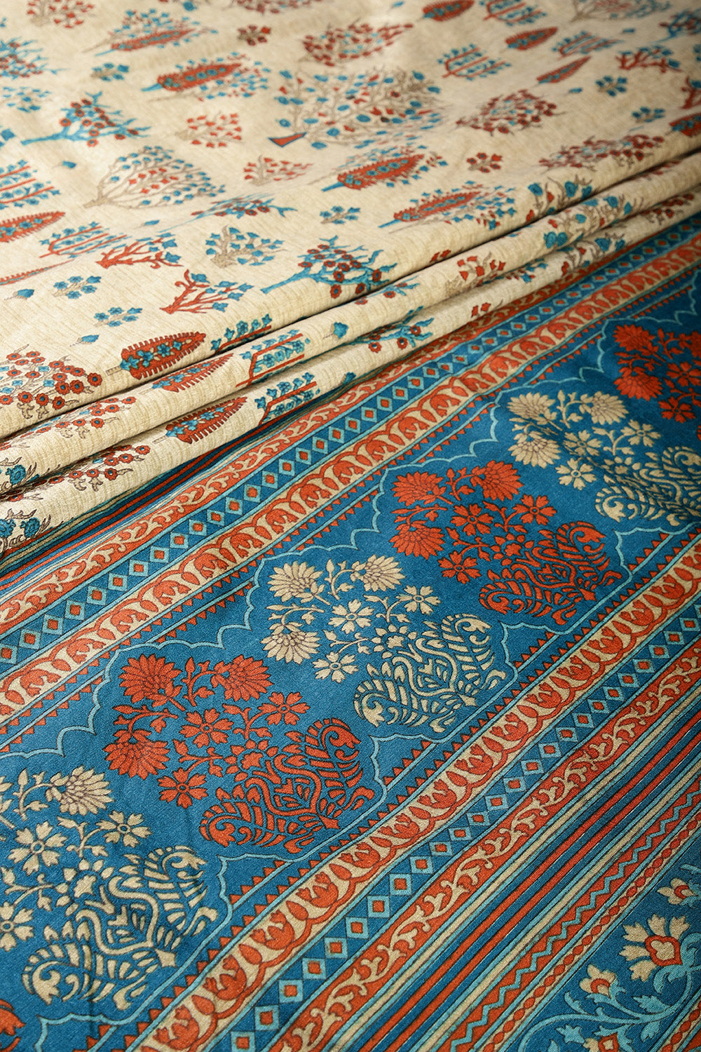 Beige & Blue Color Tree-Like Structures Printed Tussar Silk Saree