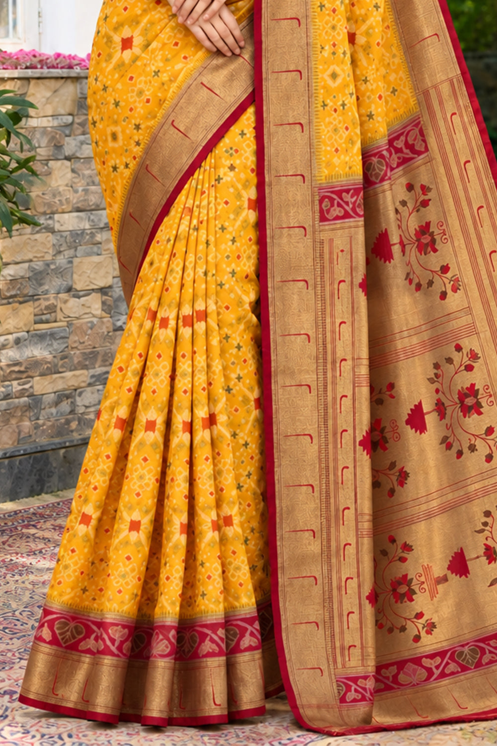 Mustard Silk Ikkat Woven Border Saree