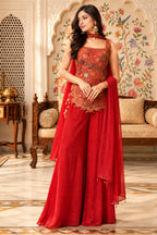 Rust Silk Embroidered Choli With Mukaish Work Georgette Sharara Set