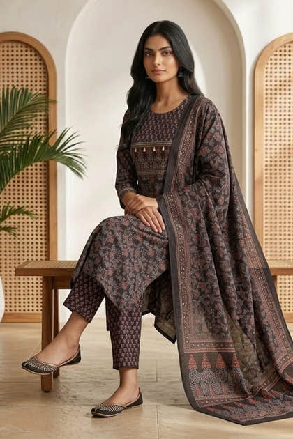 Black Color Cotton Floral Printed Suit