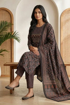 Black Color Cotton Floral Printed Suit