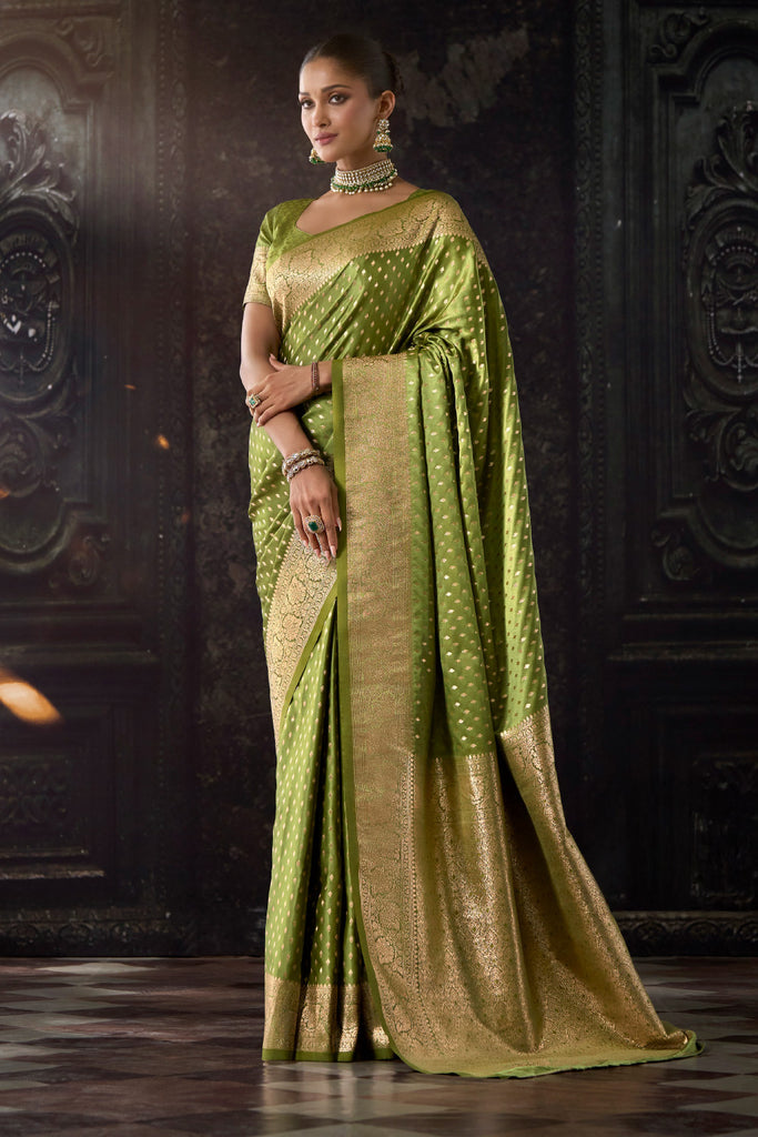 Olive Green Zari Woven Soft Silk Saree