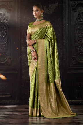 Olive Green Zari Woven Soft Silk Saree