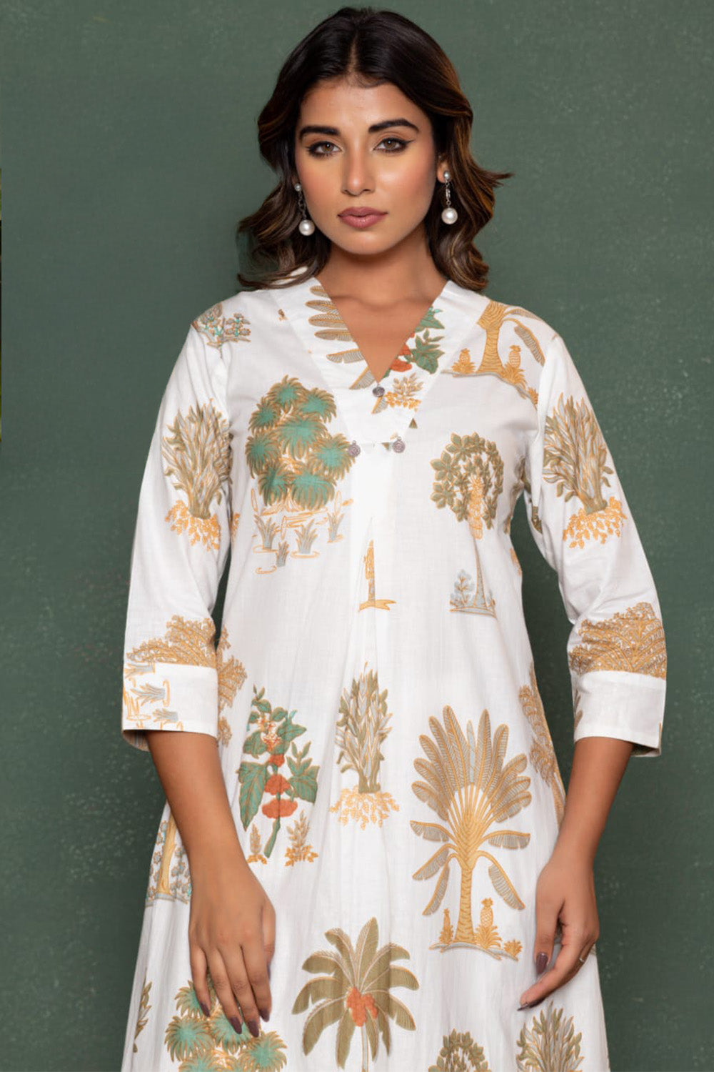 White Botanical Printed Cotton Kurta Set