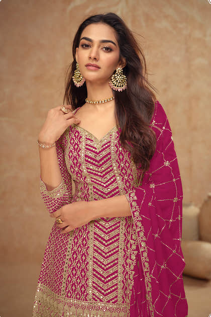 Crepe Silk Zari & Sequins Embroidered Suit With Embroidered Sharara