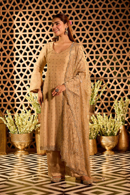 Beige Tissue Cut-Dana & Swaroski Work Unstitched Suit Material