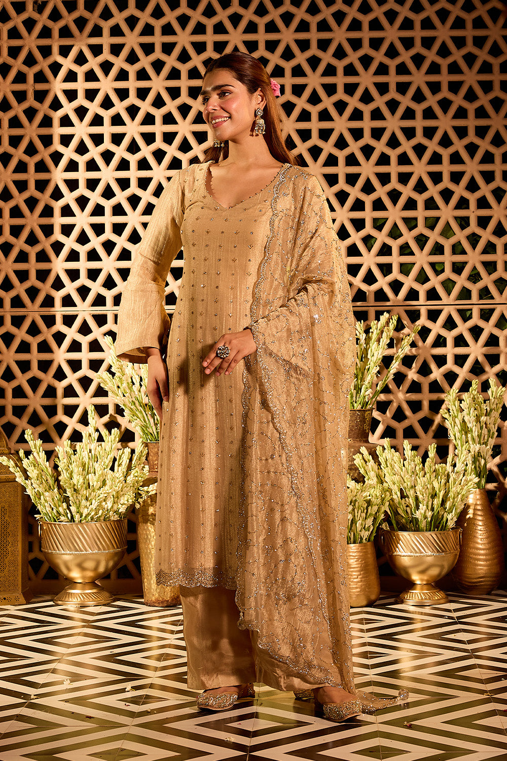 Beige Tissue Cut-Dana & Swaroski Work Unstitched Suit Material