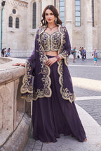 Purple Crepe Silk Embroidered Crop-Top Dress With Shruge Stlye Dupatta And Palazzo