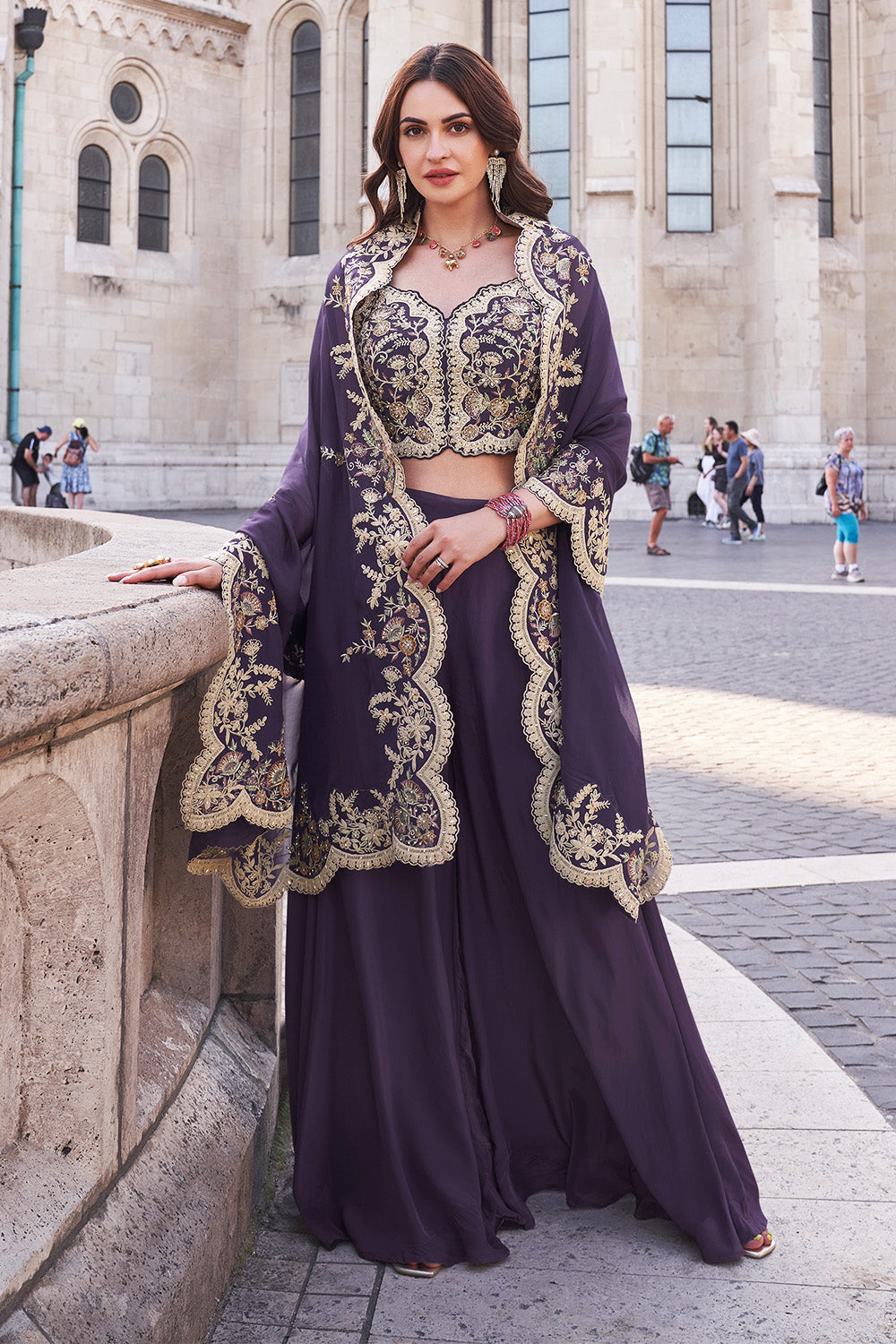 Purple Crepe Silk Embroidered Crop-Top Dress With Shruge Stlye Dupatta And Palazzo