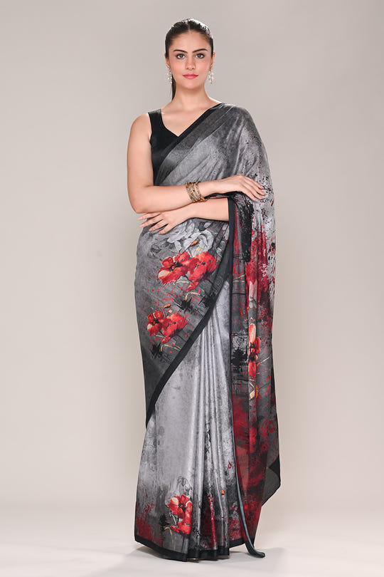 Grey Color Jacquard Silk Printed Saree