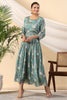 Teal Color Crepe Printed Peonies Dress