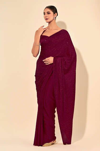 Dark Scarlet Color Satin Swarovski Work Saree