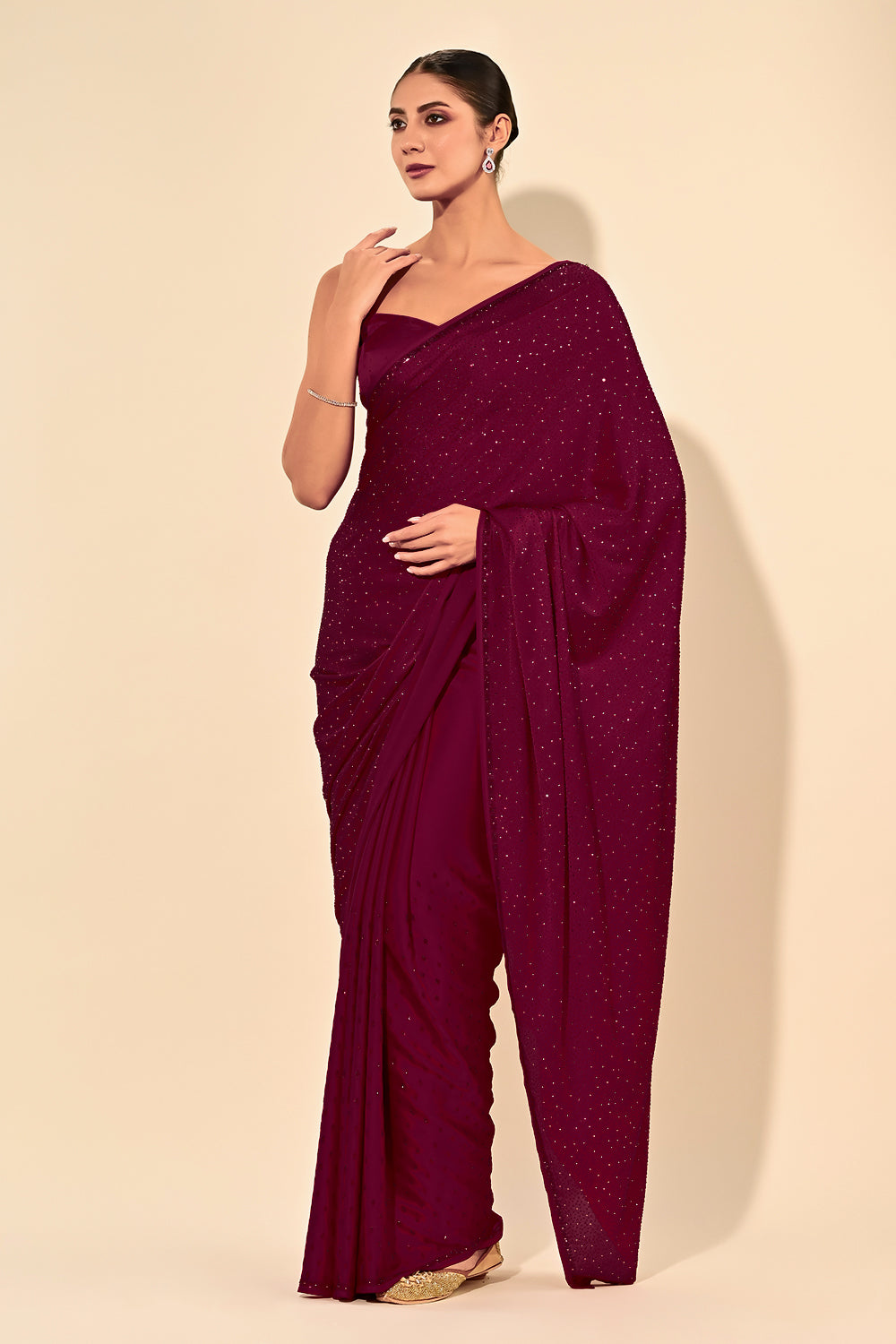 Dark Scarlet Color Satin Swarovski Work Saree