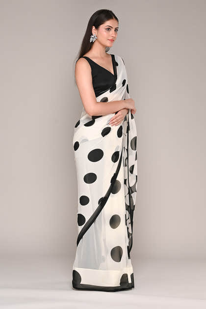 Cream And Black Color Polka-Dot Crepe Printed Saree