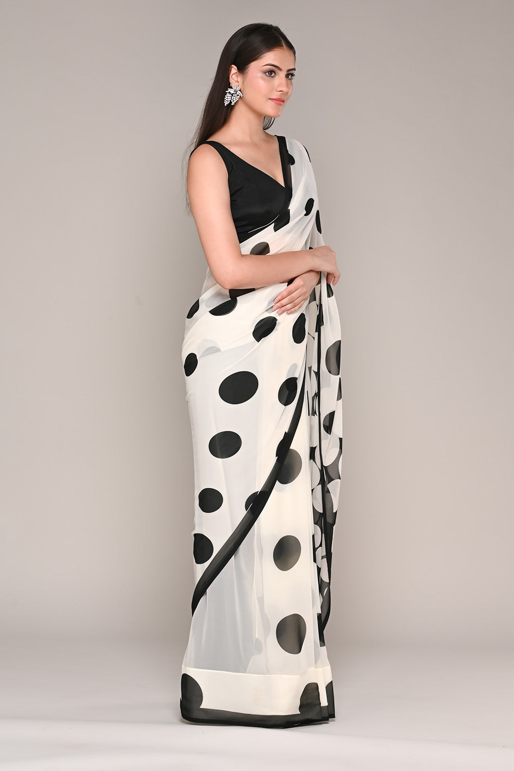 Cream And Black Color Polka-Dot Georgette Printed Saree