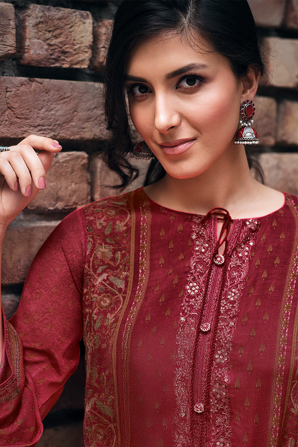 Maroon Color Crepe Silk Printed Unstitched Suit Material