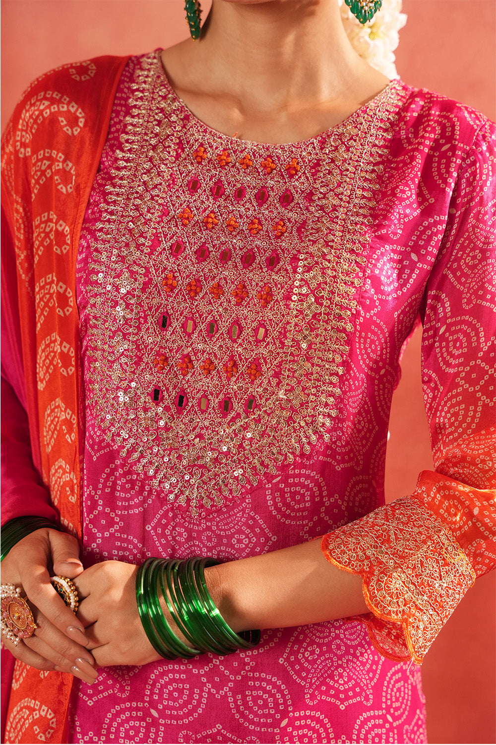 Fuchsia Pink Crepe Silk Bandhani Printed Suit With Gharara