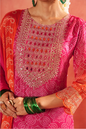 Fuchsia Pink Crepe Silk Bandhani Printed Suit With Gharara