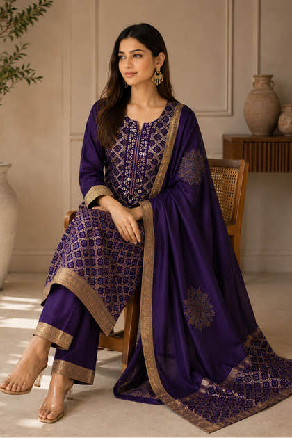 Purple Georgette Zari Woven Suit