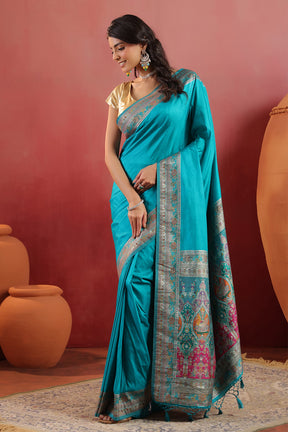 Teal Soft Silk Kalamkari Woven Saree