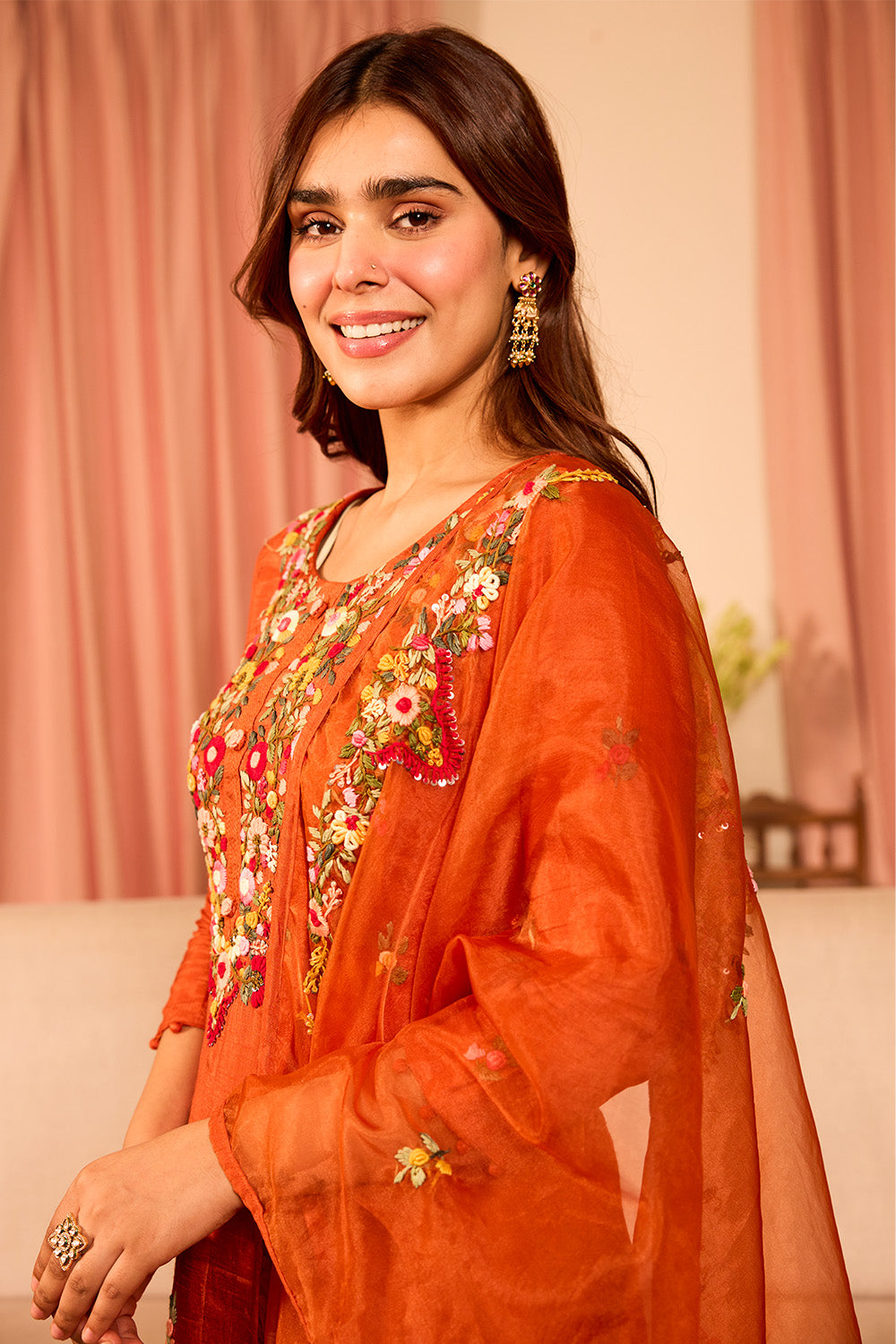 Rust Floral Hand-Embroidered Silk Straight Suit