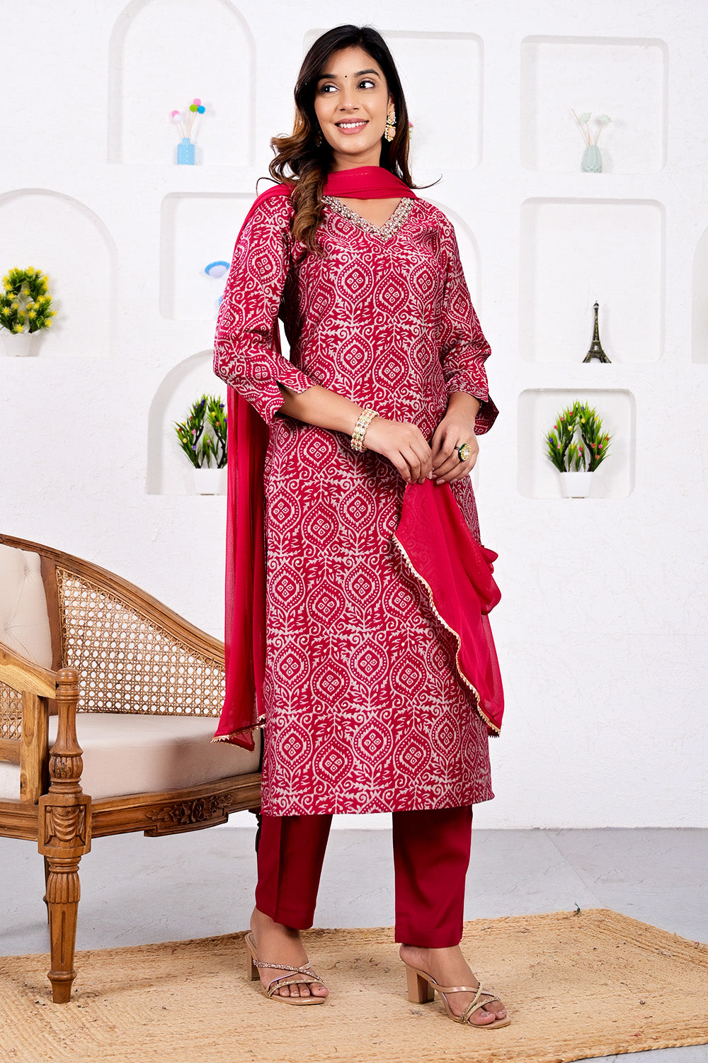 Magenta Color Printed Muslin Neck Embroidered Suit
