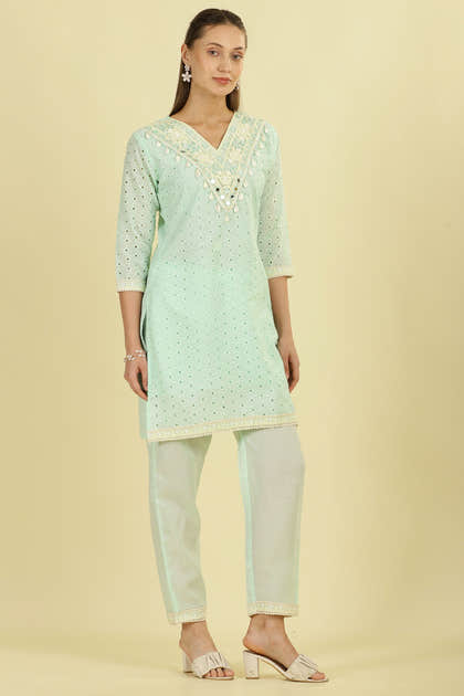 Mint Blue  Cotton Hacoba Style Neck-Embroidered Kurta Set
