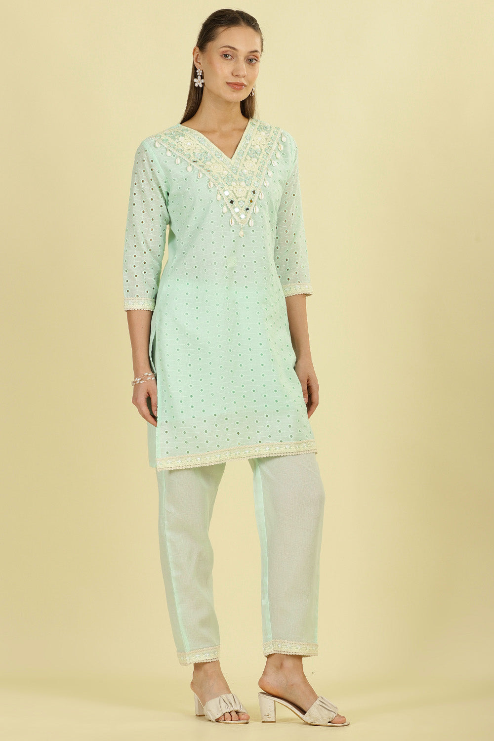 Mint Blue  Cotton Hacoba Style Neck-Embroidered Kurta Set