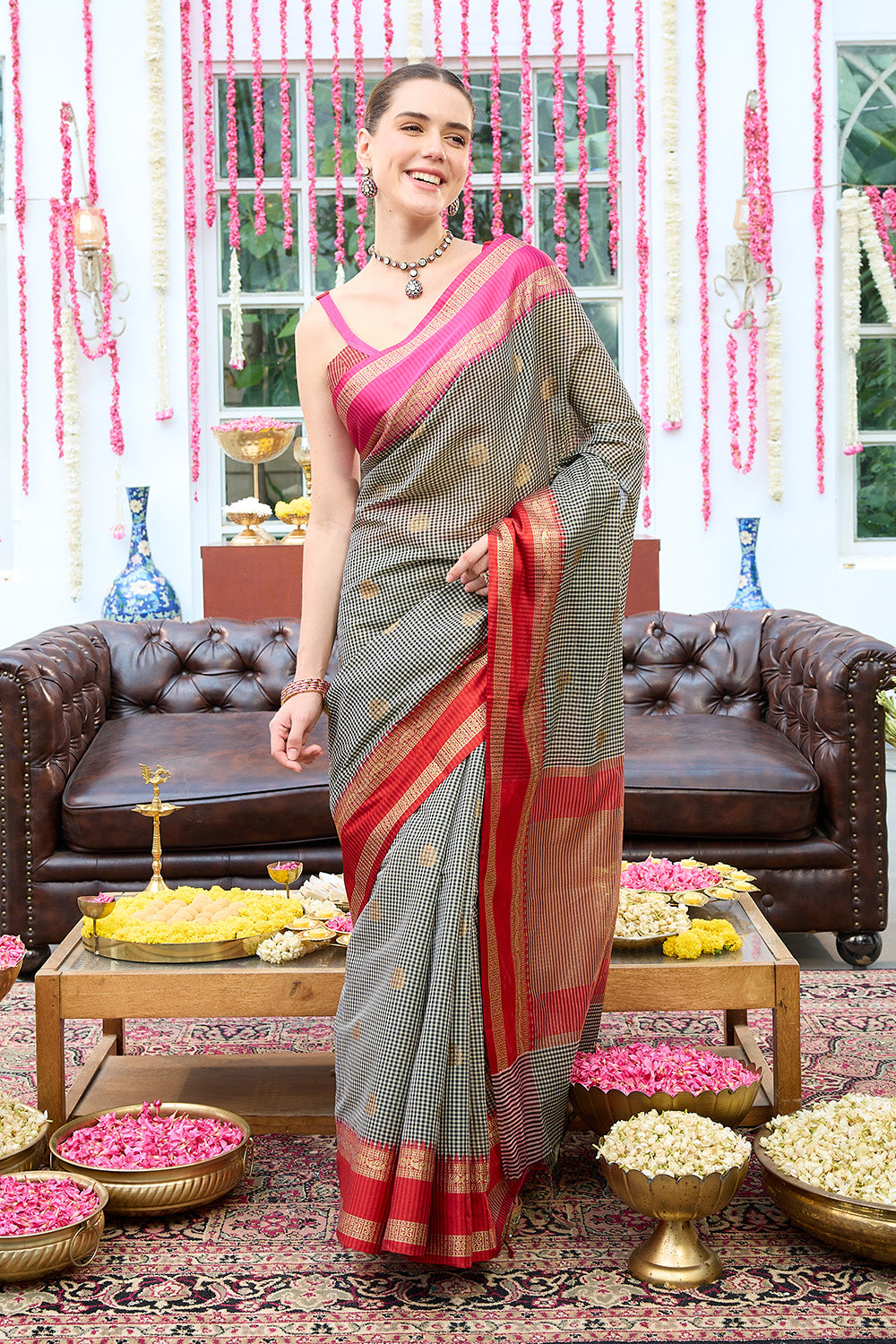 Black Chanderi Silk Printed And Zari Woven Saree