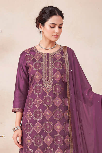 Wine Zari Woven Silk Unstitched Suit Fabric