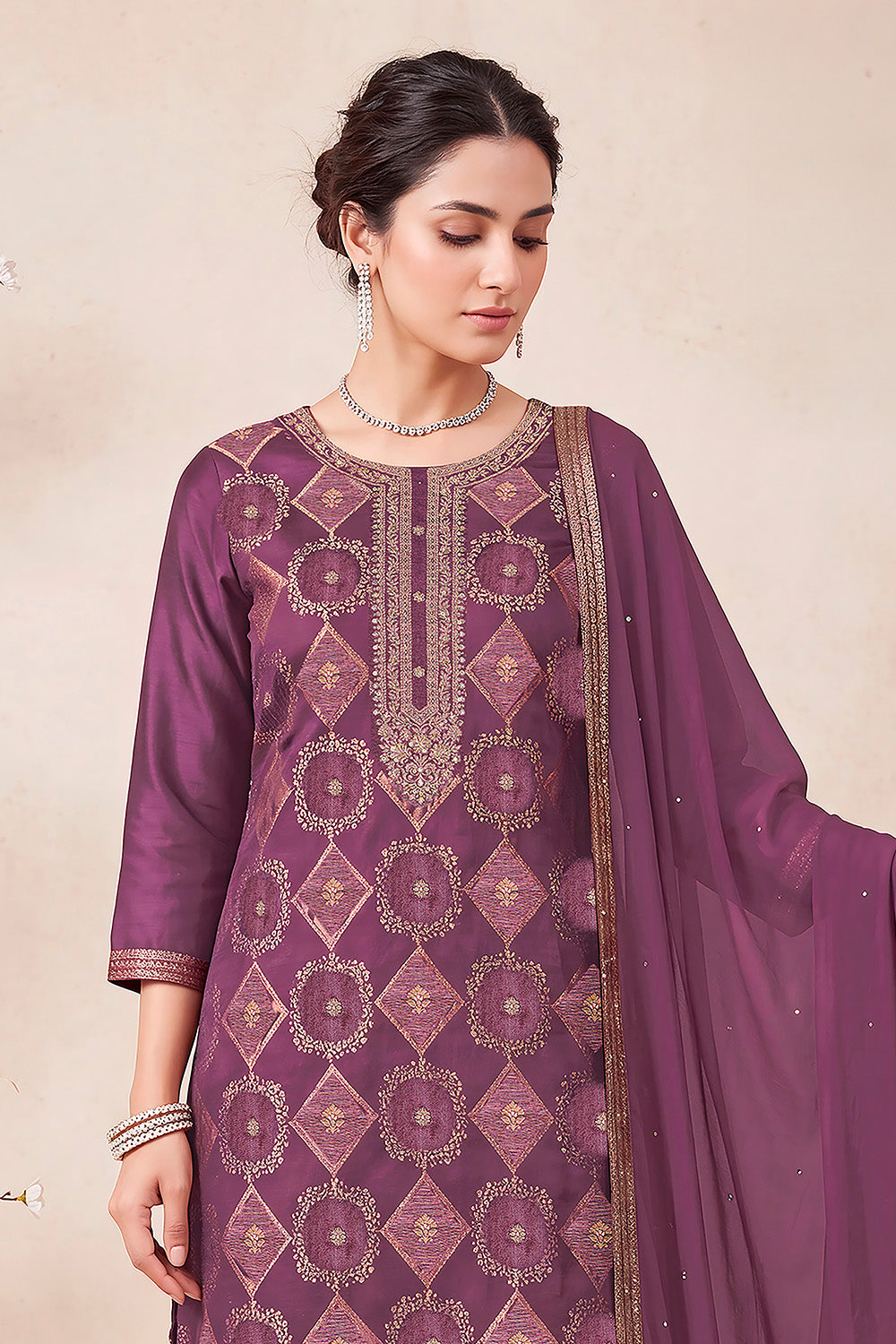 Wine Zari Woven Silk Unstitched Suit Fabric