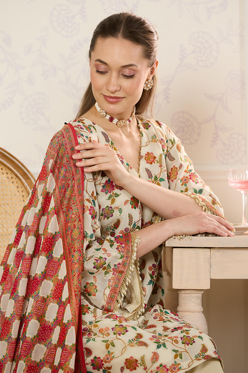 Cream Georgette Floral Resham Woven Unstitched Suit Material