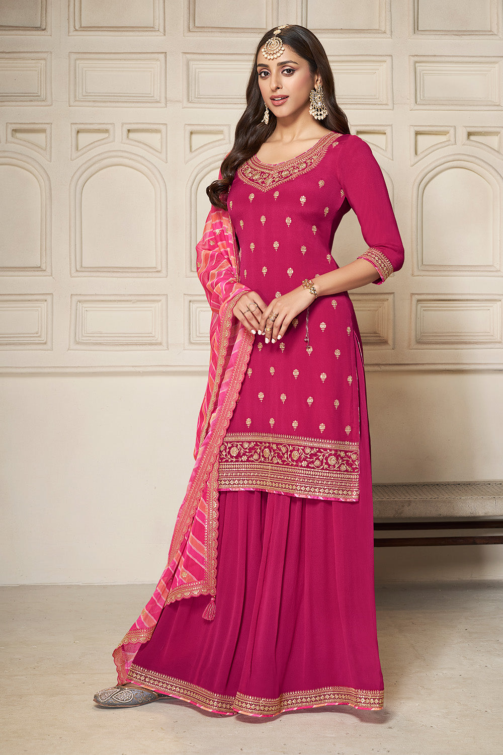 Fuchsia Pink Color Crepe Silk Zari Embroidered Suit With Sharara