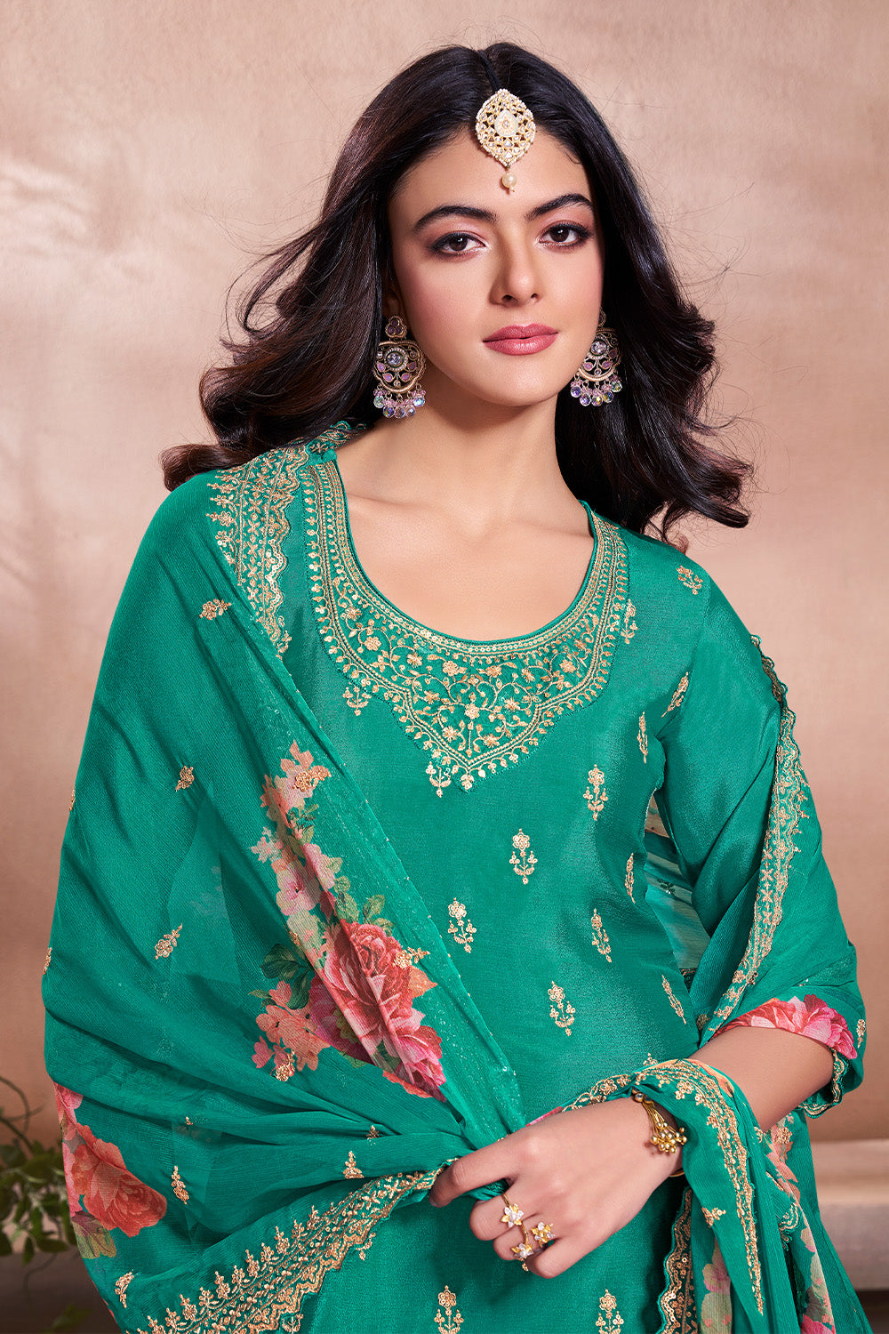 Teal Green Crepe Silk Embroidered Suit With Palazzo