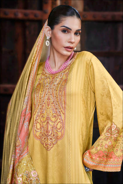 Light Mustard Spun Pashmina Printed Unstitched Suit Fabric