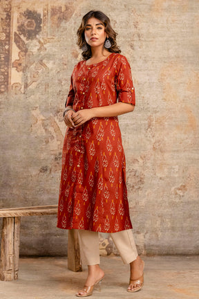 Maroon Cotton Printed Kurta Set