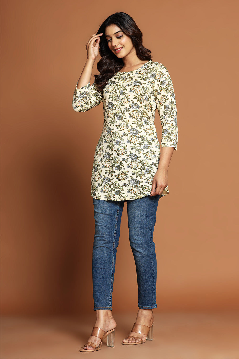 Beige & Green Color Floral Printed Kurti