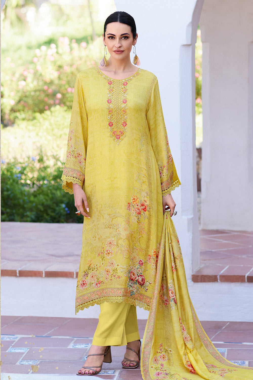 Yellow Color Muslin Neck Embroidered & Floral Printed Unstitched Suit Fabric