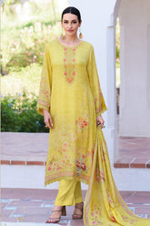 Yellow Color Muslin Neck Embroidered & Floral Printed Unstitched Suit Fabric