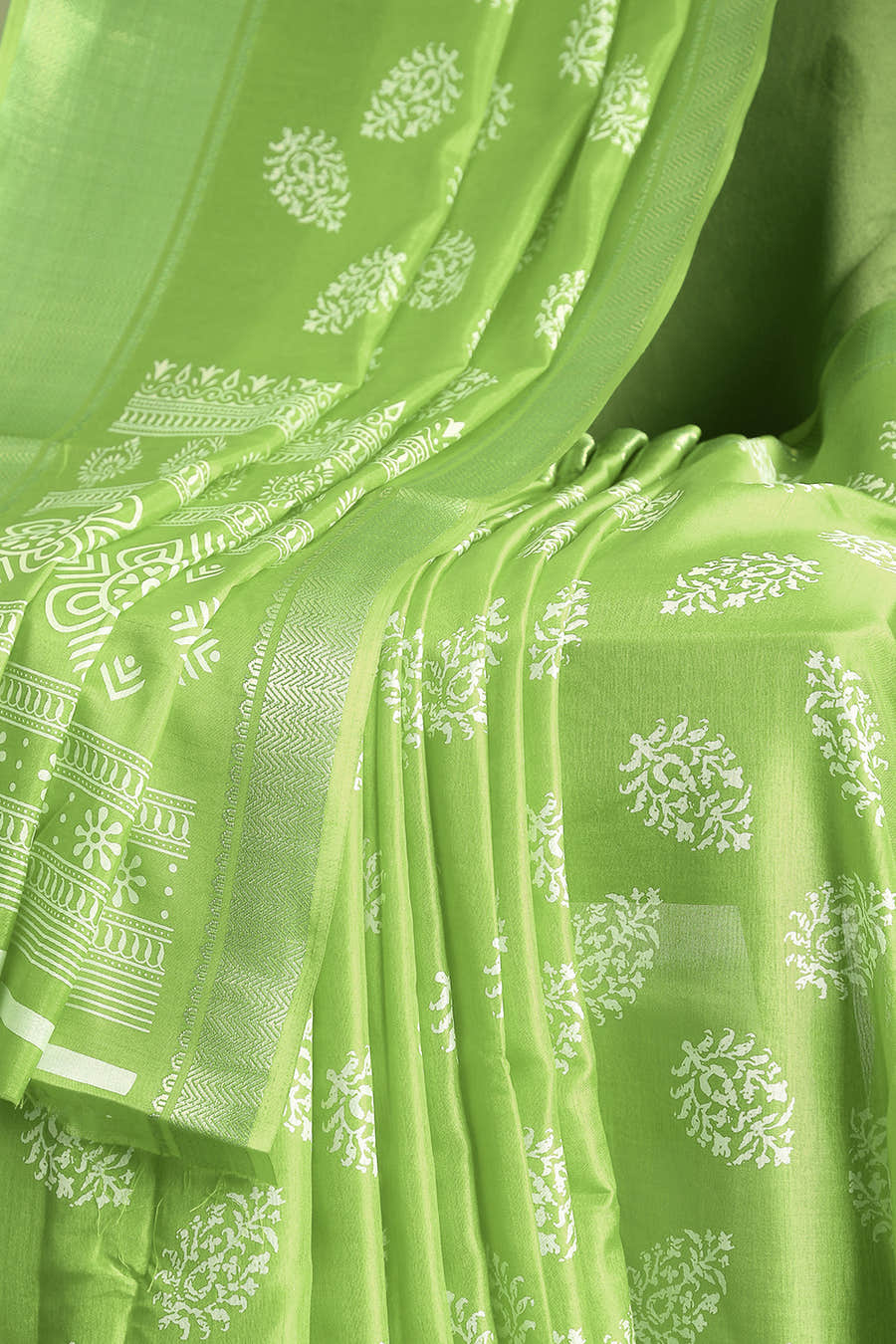 Green Color Block Printed Cotton Silk Saree